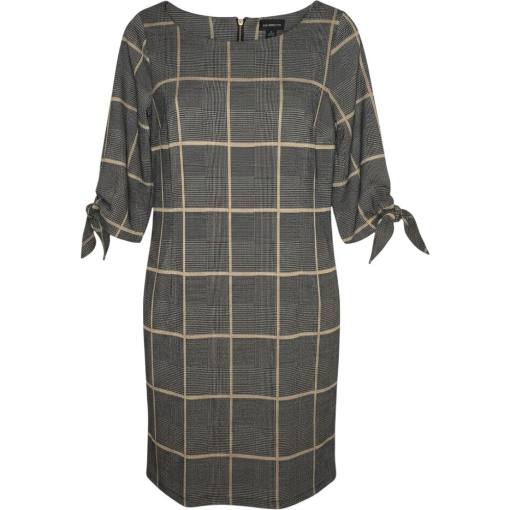 Liz Claiborne Plaid Sheath Dress Womens 16 Black Camel 3/4 Tie Sleeve NWT